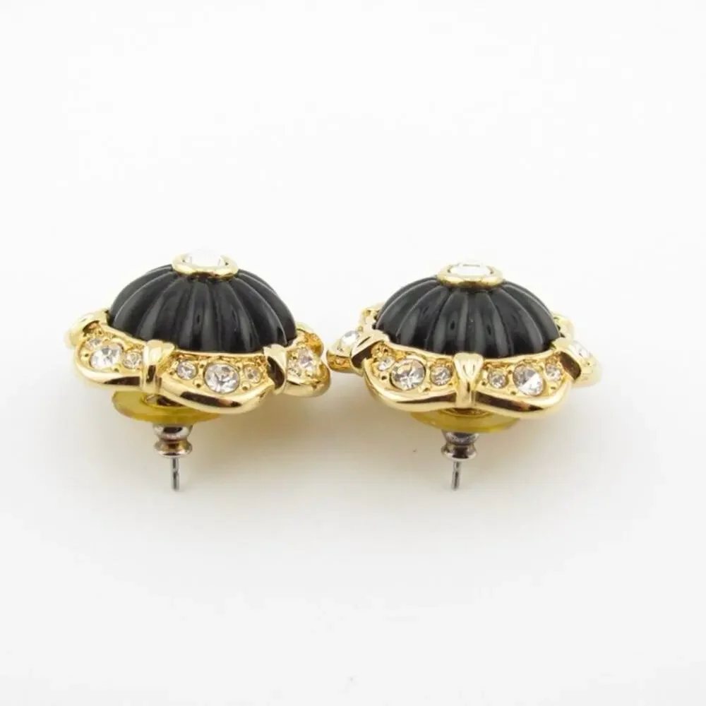 Vintage Joan Rivers Floral Earrings Gold Tone Black Enamel - Picture 7 of 8